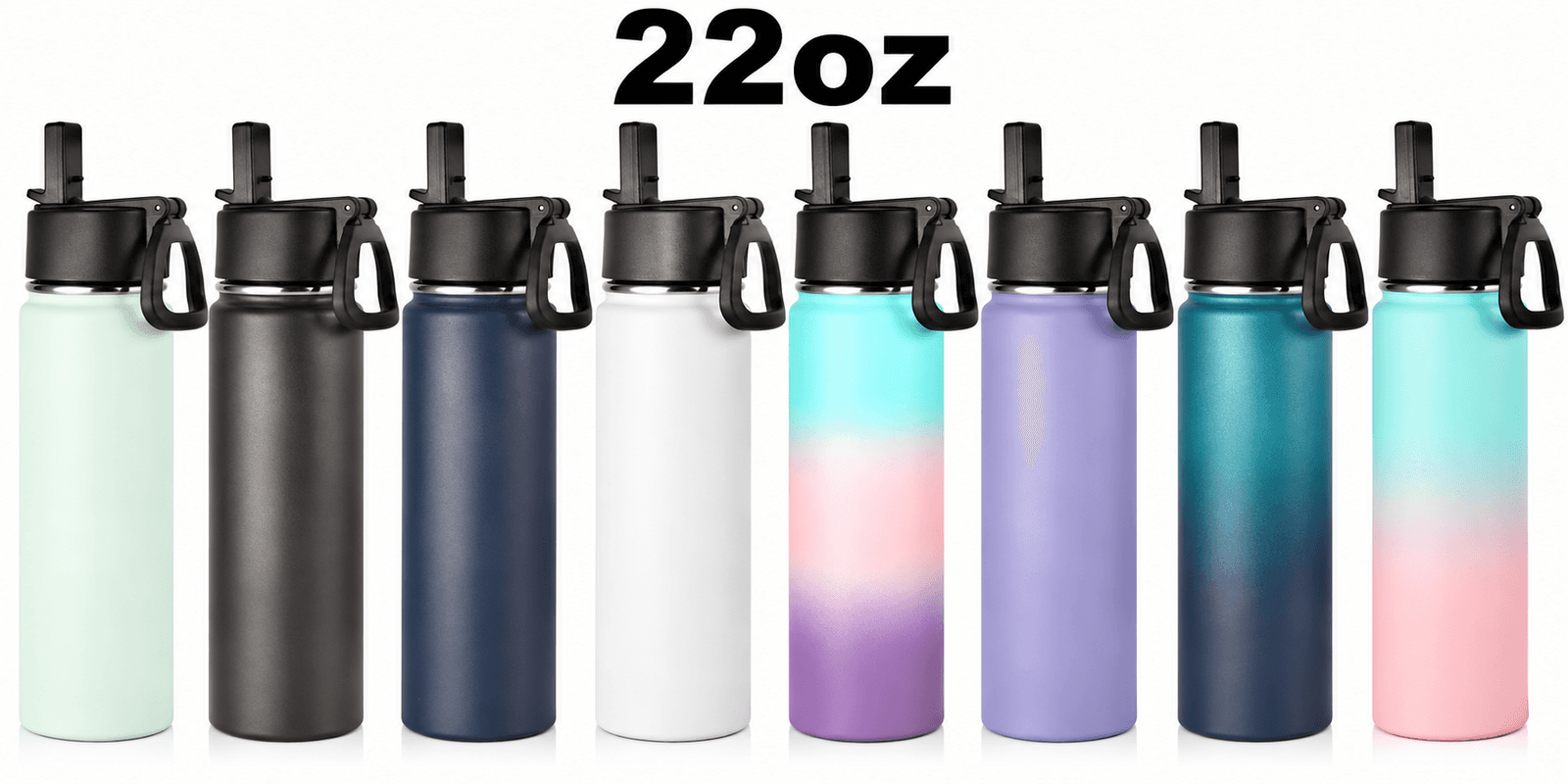 Ocho botellas de agua lisas de acero inoxidable térmico en fila — menta, gris carbón, azul marino, blanco, un degradado verde azulado a rosa, lavanda, verde azulado y un degradado morado a rosa — cada una con tapa abatible negra y asa integrada, sin grabar, sobre un fondo blanco