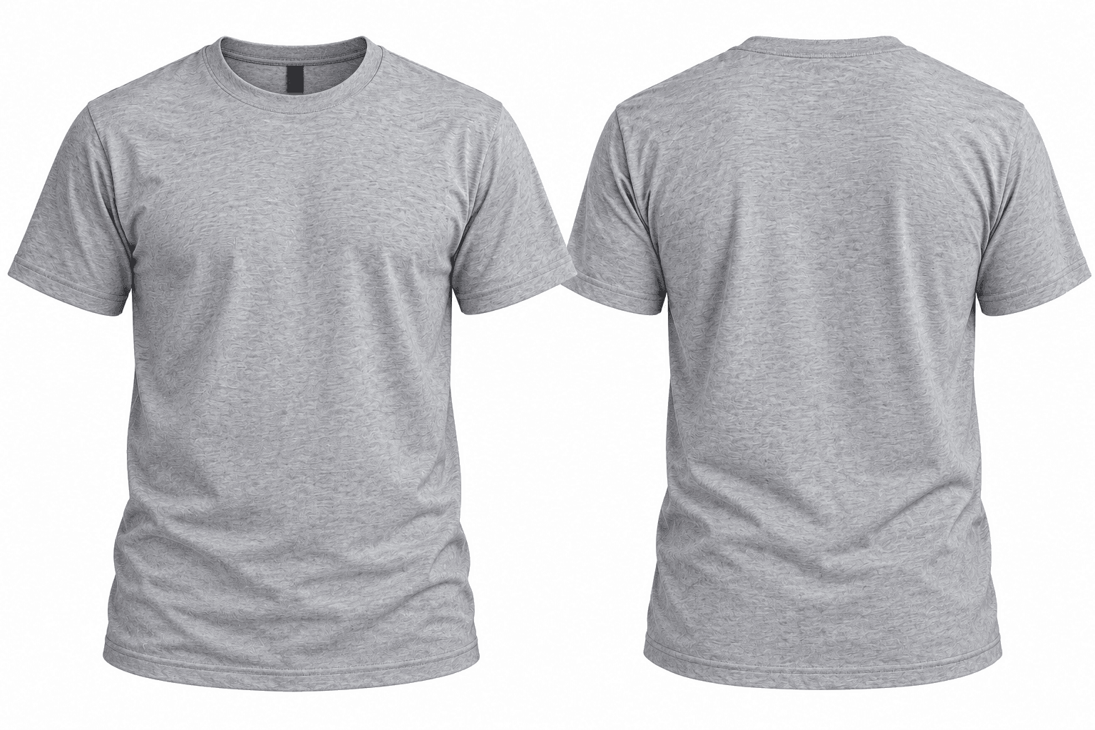 Una camiseta Gildan de cuello redondo en gris jaspeado, sin estampar, mostrada de frente y de espalda sobre un fondo blanco liso