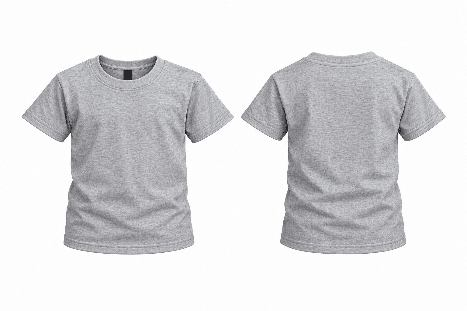 Una camiseta Gildan de niño, de cuello redondo en gris jaspeado, sin estampar, mostrada de frente y de espalda sobre un fondo blanco liso