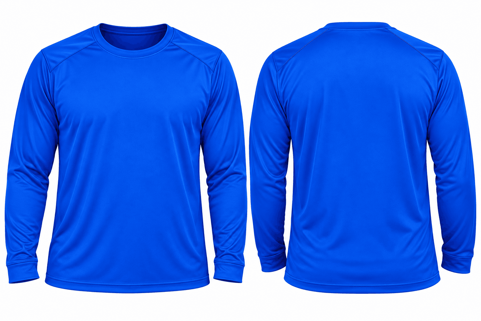 Una camiseta de manga larga azul rey, de tela deportiva y sin estampar, mostrada de frente y de espalda sobre un fondo blanco liso