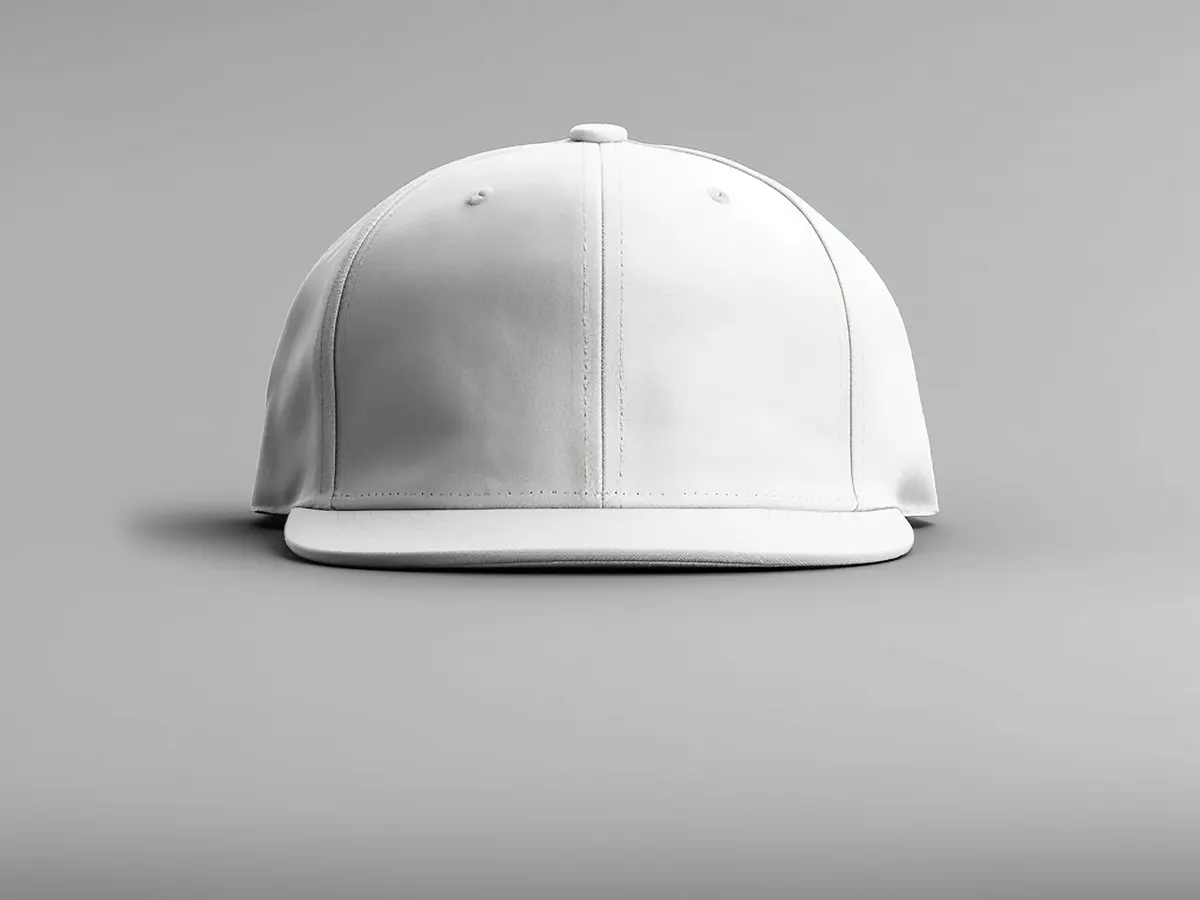 A plain white flat-brim baseball cap with no logo on it, against a gray studio background
