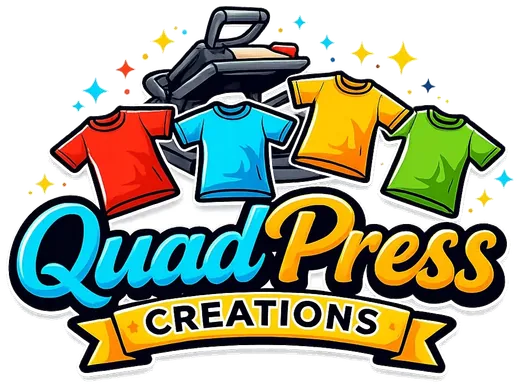 QuadPress Creations logo: four colorful t-shirts and a heat press above the QuadPress Creations wordmark