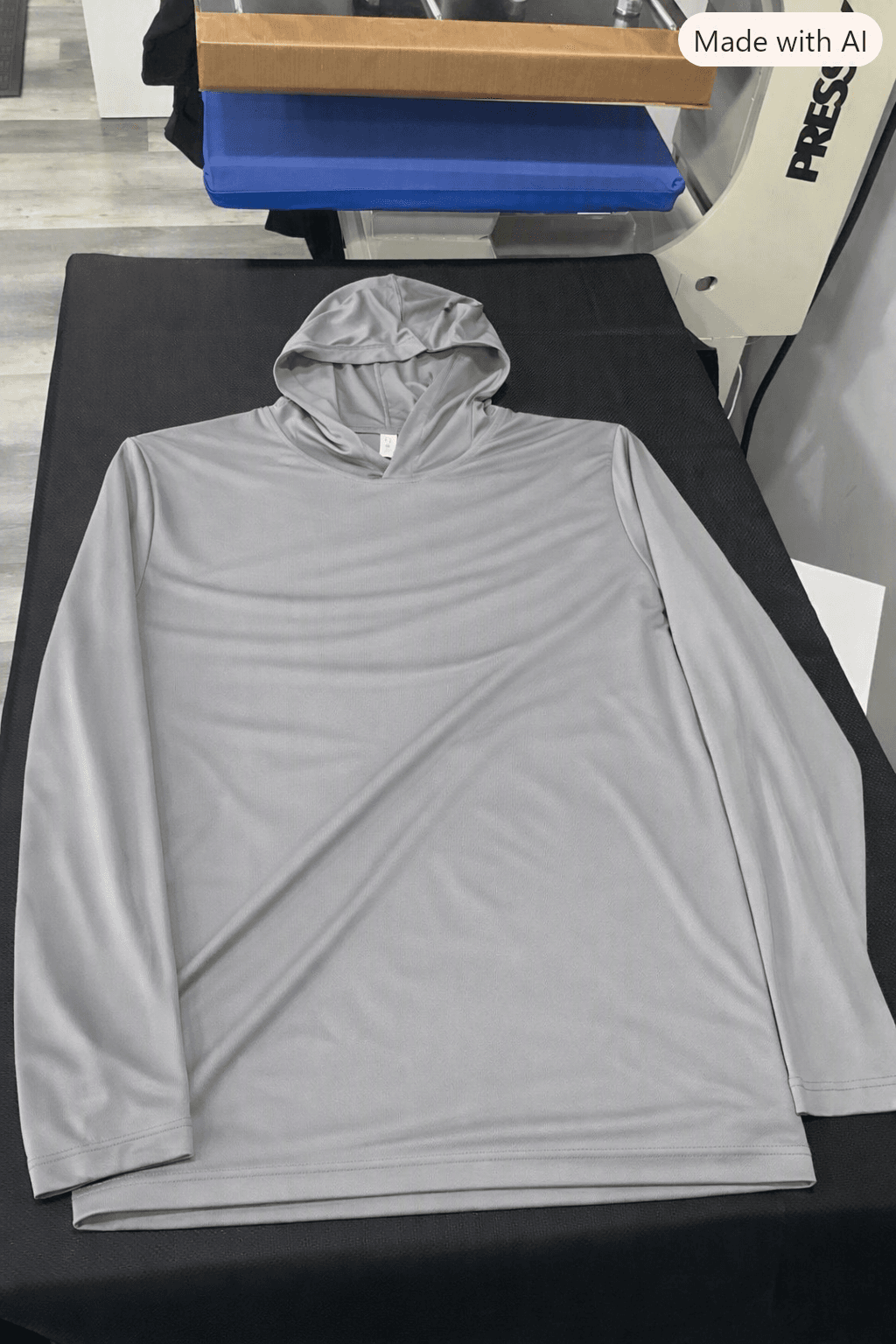 A plain gray lightweight long-sleeve performance tee with an unlined hood, laid flat and unprinted on the black pad of the heat press